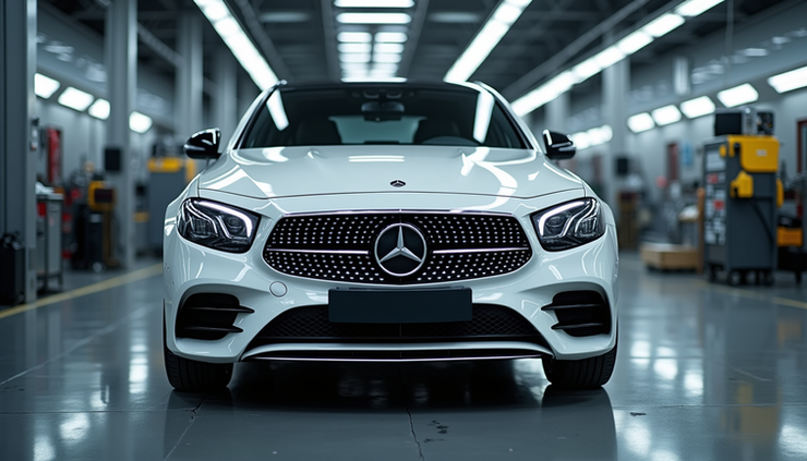 High angle view of a Mercedes-Benz undergoing suspension calibration