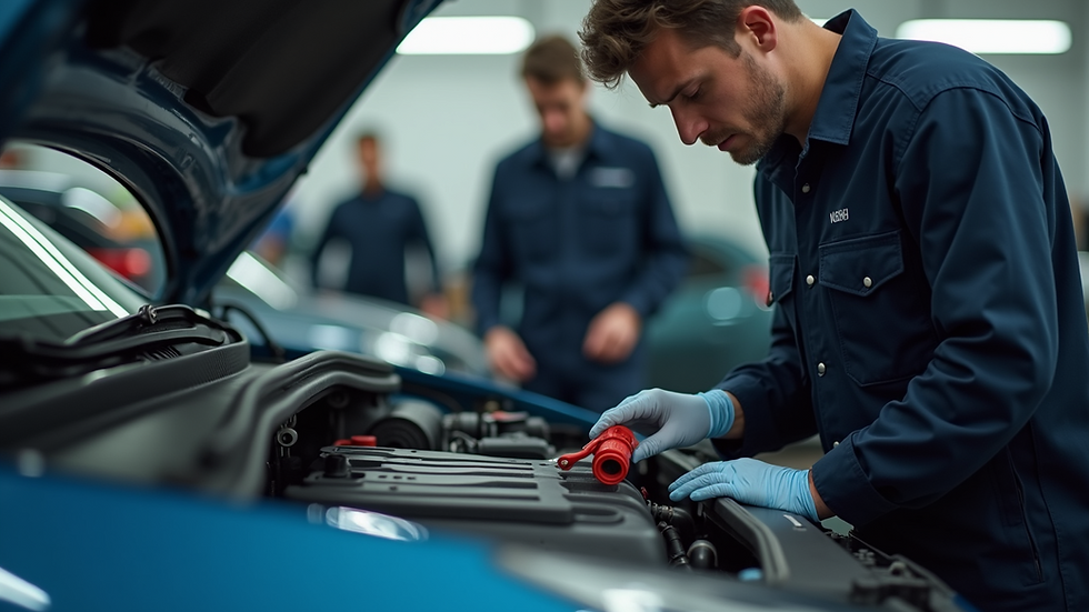 Close-up of car mechanics checking oil levels