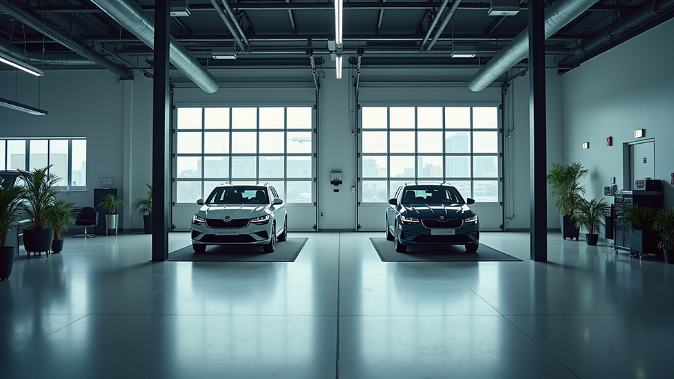 Eye-level view of a modern car service center with Skoda vehicles inside