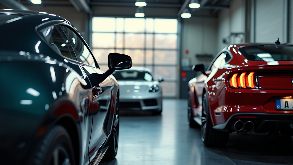 Eye-level view of a luxury car inside a local repair garage