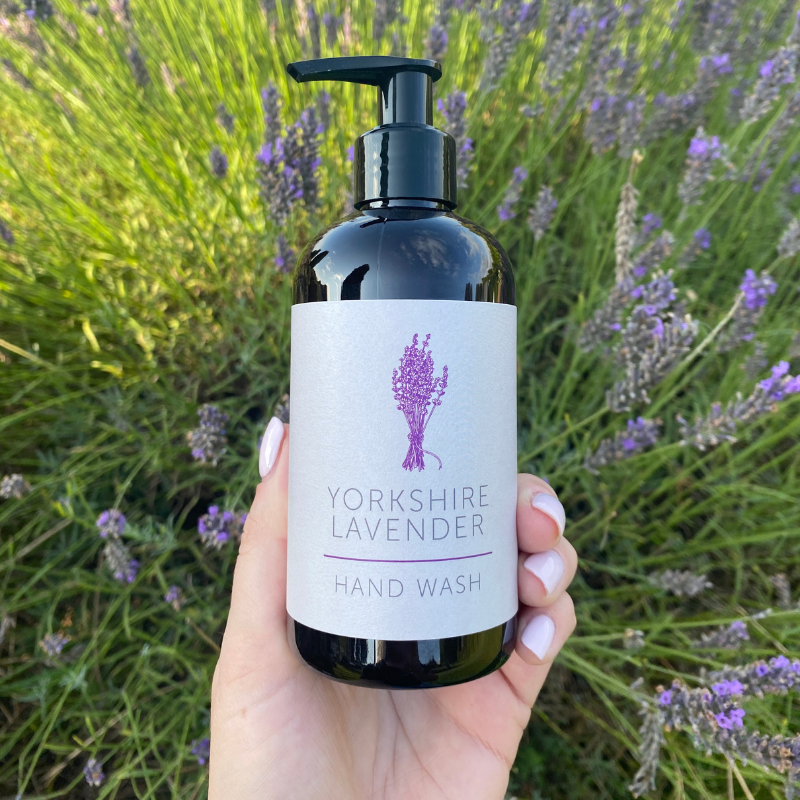 Thumbnail: A hand holding a bottle of Yorkshire Lavender hand wash in front of a lavender plant