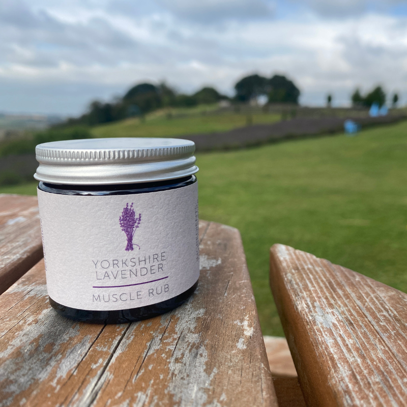 Thumbnail: A jar of Yorkshire Lavender Muscle Rub on a wooden table