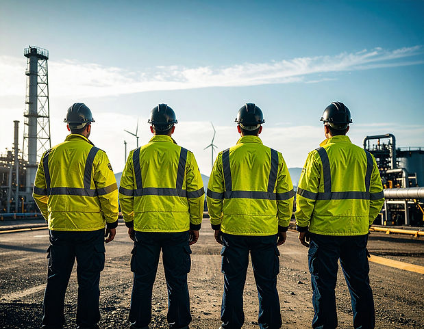 Firefly_Eine Aufnahme eines Industriewerks, in welchem vier Sicherheitskräfte mit gelben S