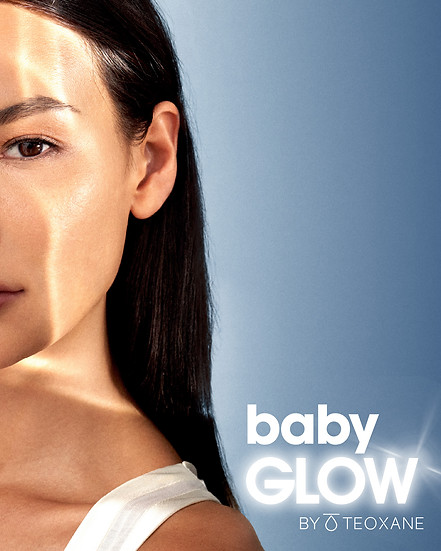 model with glowing skin advertising babyGLOW by teoxane treatment