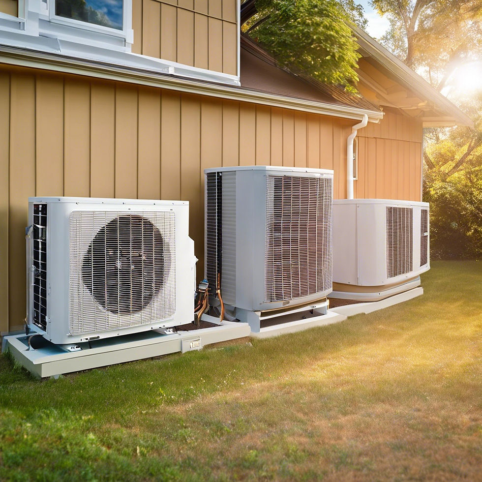 Three HVAC units sit on a concrete pad beside a tan house. Sunlight filters through trees, casting a warm glow on the grass.