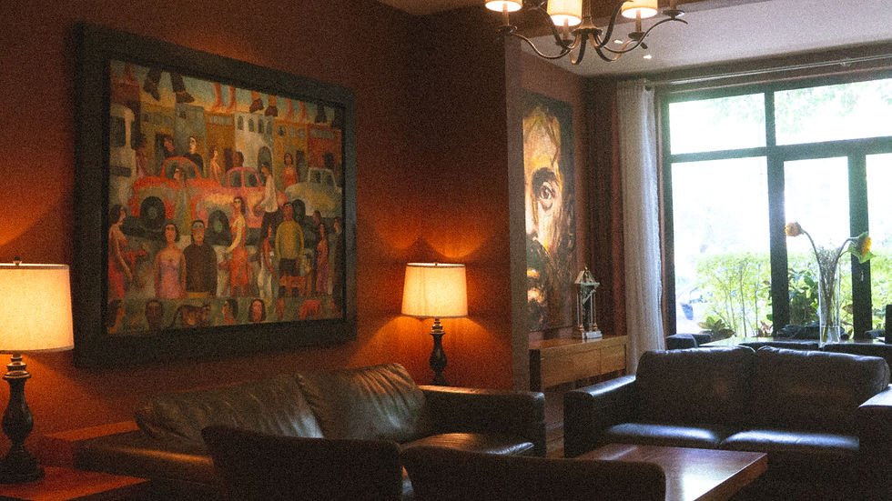 High angle view of boutique hotel lobby with stylish decor and seating area