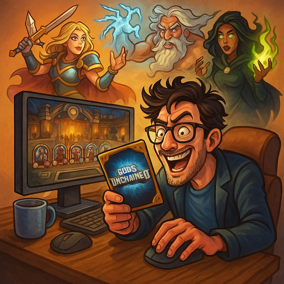 A colorful cartoon-style digital illustration of a smug, battle-hardened gamer playing “Gods Unchained the card game,” surrounded by fantasy creatures and divine chaos, capturing the intense yet absurdly fun vibe of online card battles.