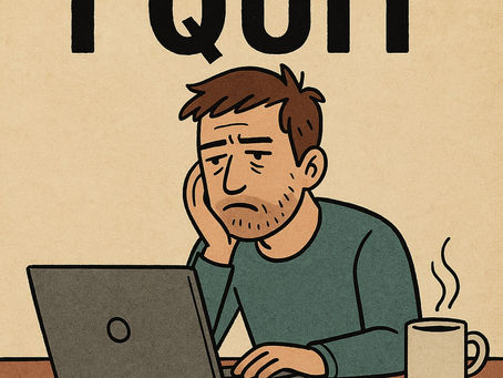Cartoon of a frustrated man sitting at a desk with a laptop and coffee, under the bold text “I QUIT,” symbolizing creator burnout and quitting content creation.