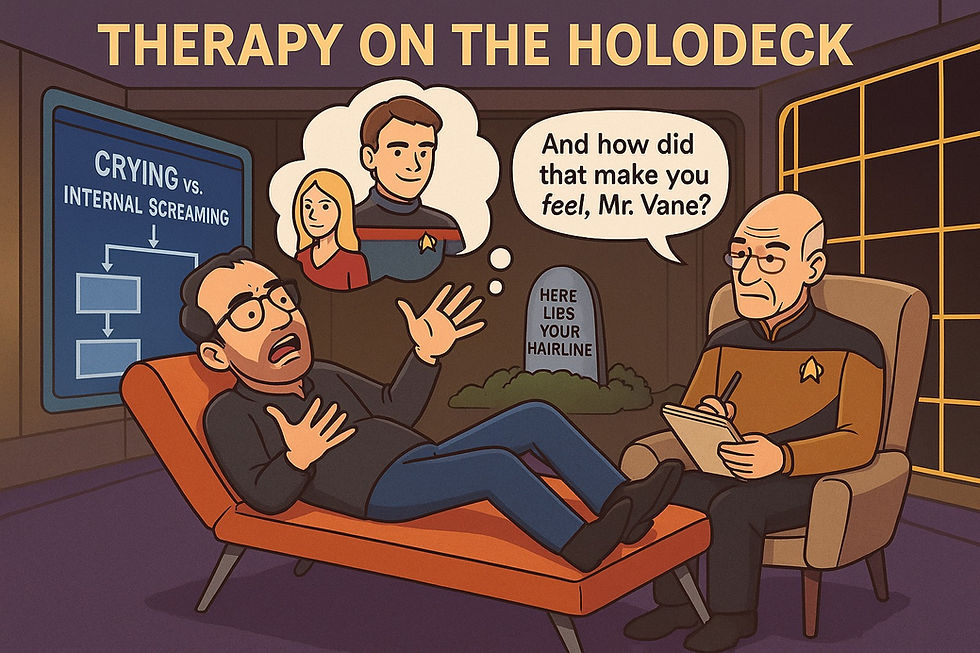 A cartoon version of Julian Vane lies on a futuristic therapy couch inside the Holodeck, mid-rant, while Captain Picard takes notes in a therapist chair. A gravestone reads “Here Lies Your Hairline,” and Data’s flowchart compares crying to internal screaming.