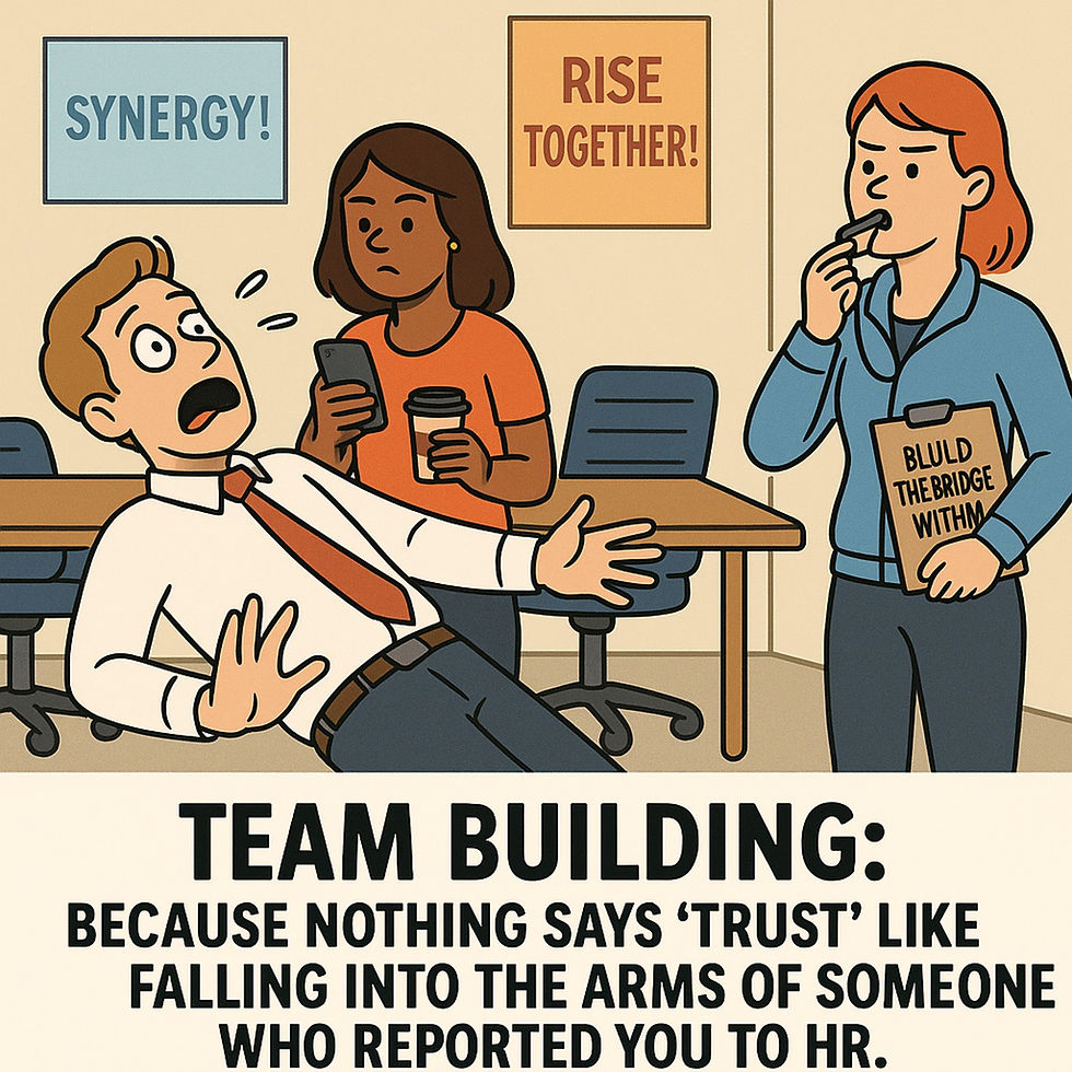 Cartoon of a corporate trust fall gone wrong, with an employee falling backward while a coworker looks at their phone and a facilitator watches with a whistle, surrounded by motivational posters.