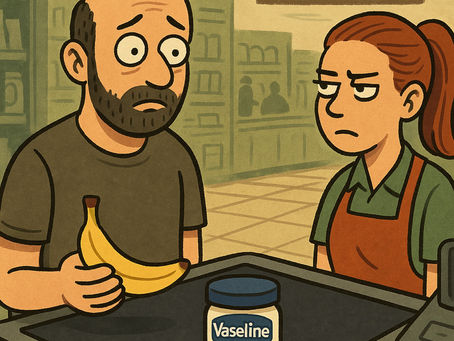 Cartoon man at a grocery checkout holding a banana and Vaseline, while the cashier gives him a bewildered, judgmental stare.