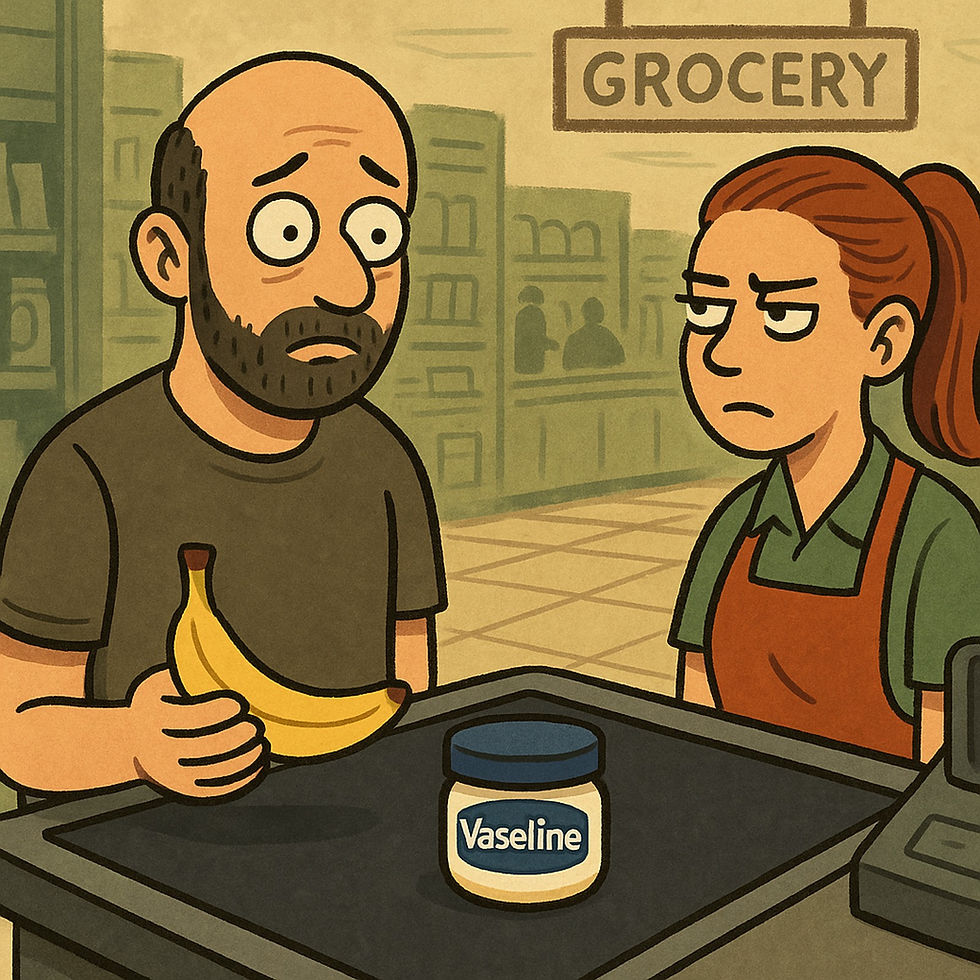 Cartoon man at a grocery checkout holding a banana and Vaseline, while the cashier gives him a bewildered, judgmental stare.
