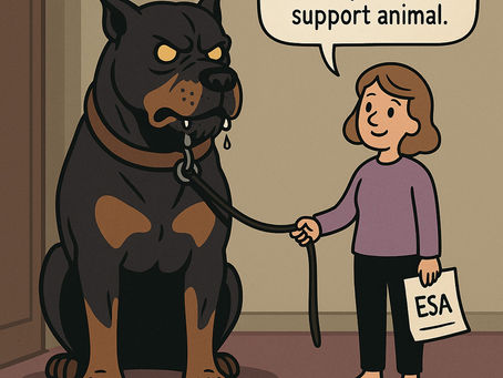 A cartoonishly large emotional support Rottweiler towers over a tiny, smiling woman in an apartment hallway, as if daring the neighbors to complain.
