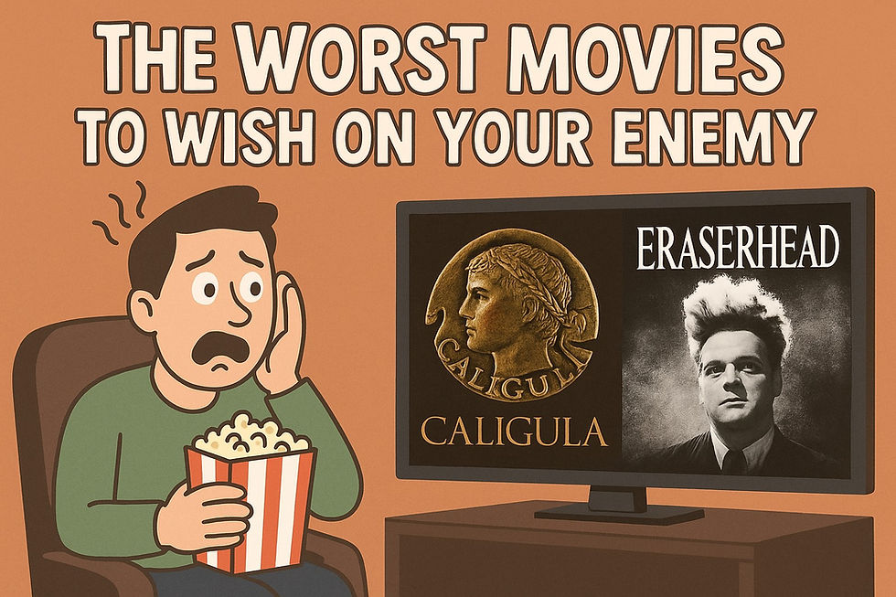 Parody streaming interface showing the worst movies to wish on someone, including Caligula, Eraserhead, and Cats, labeled as recommendations for viewers you despise.