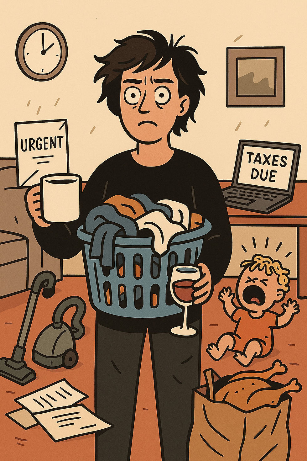 Cartoon of an overwhelmed adult holding a laundry basket, coffee, and wine, surrounded by tax paperwork, a crying toddler, and household chaos - dark comedy illustration of modern adulthood.