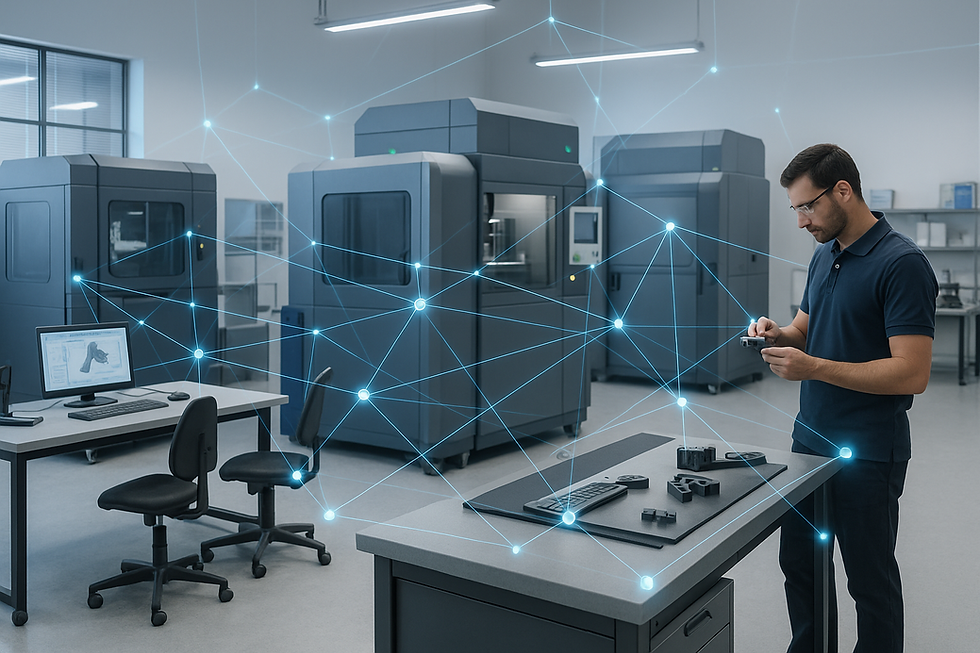 Man in blue shirt examines an object in a high-tech lab with large 3D printers. Blue digital network overlay connects the scene.