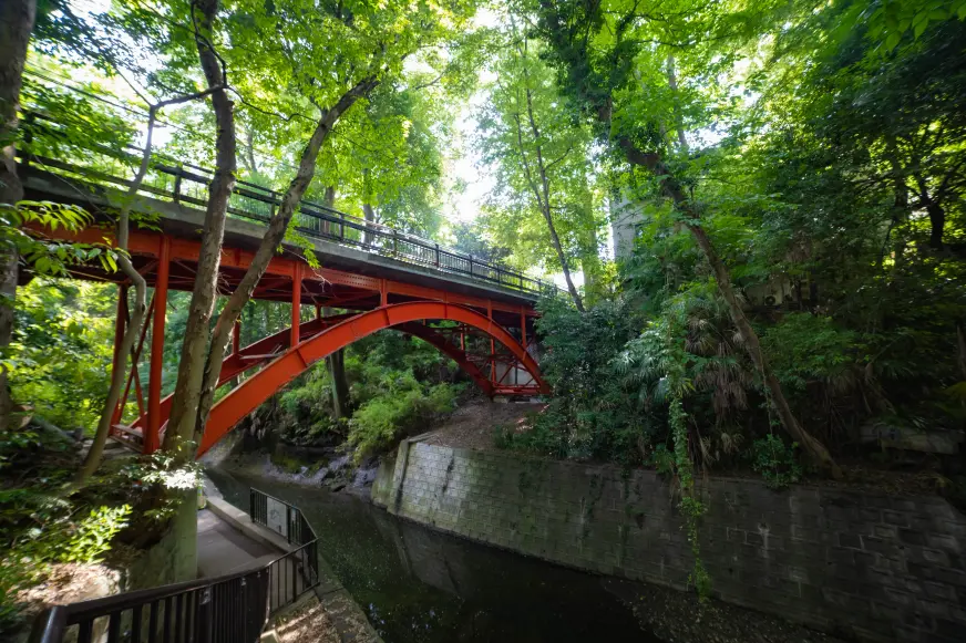 東京世田谷區等等力溪谷入口地標高爾夫橋（ゴルフ橋），鮮紅色鋼拱橋橫跨於綠意樹林與溪谷上方景致。