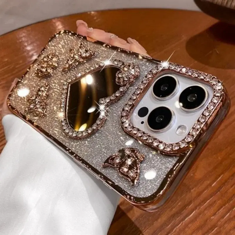 Heart Makeup Mirror Glitter Diamond Case for iPhone - Soft Silicone, Bling, 3D Butterfly Design, Shockproof