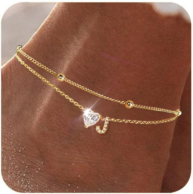 Thumbnail: Waterproof Gold Plated Initial Anklet – Layered CZ Heart Charm for Women