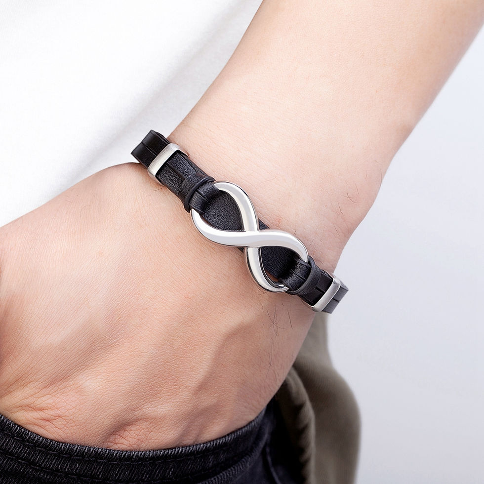 Luxury leather infinity Mens bracelet with stainless steel buckle in black and gold 21 cm
