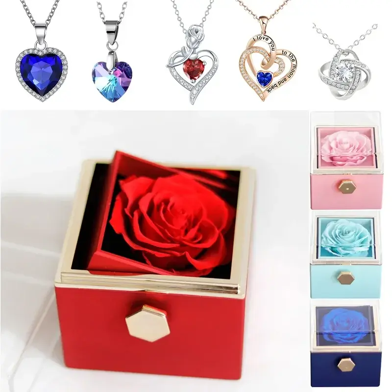 Rotating Eternal Rose Gift Box with Necklace – Available in red, pink, blue, and Tiffany blue. A romantic gift for Woman