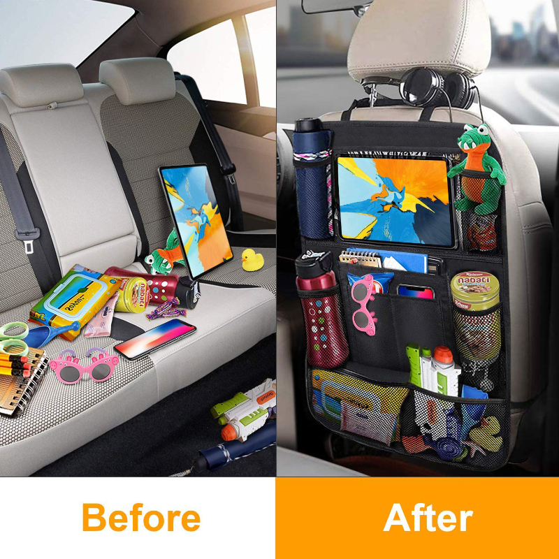 Thumbnail: Black car backseat organizer with tablet holder & multiple storage pockets for kids & travel essentials.