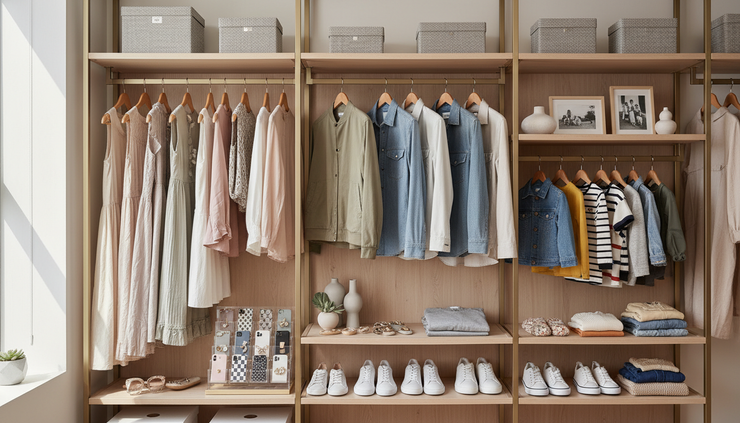 Eye-level view of a stylish family wardrobe with clothing, shoes, jewelry, and accessories arranged neatly.