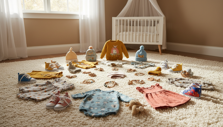 Wide-angle view of colorful kids’ clothing and small sneakers arranged on a soft rug.