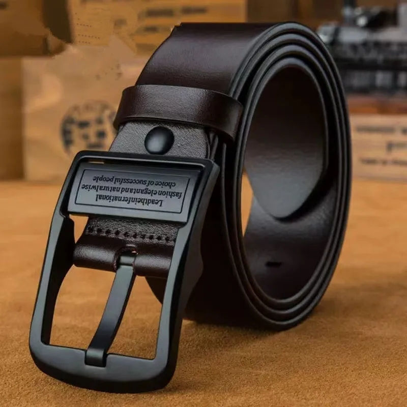 Thumbnail: Men’s genuine cowhide leather belt with metal pin buckle in black – elensesa