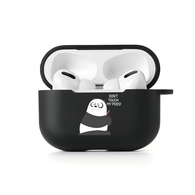 Thumbnail: Black silicone AirPods case with "Don't Touch" slogan. Shockproof, scratch-resistant, soft touch, and wireless charging compa