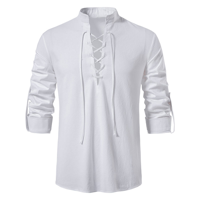 Thumbnail: White Men’s Cotton Linen Shirt with long sleeves and slanted placket, casual vintage style on a neutral background.