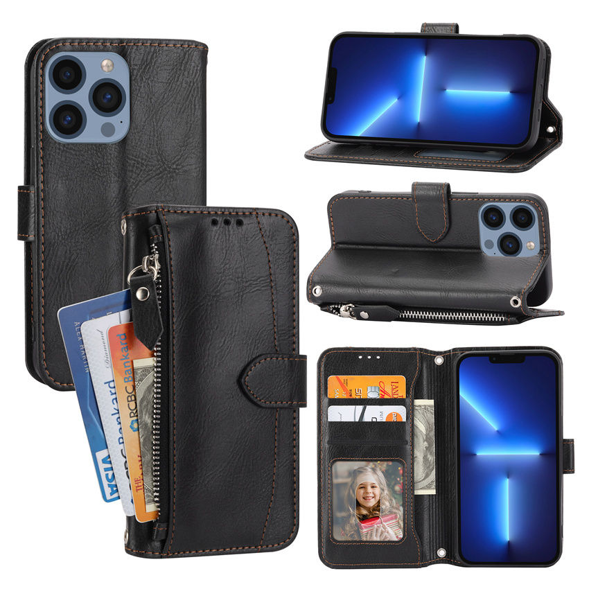 PU leather zipper wallet case with card holder and lanyard for iPhone 15 14 13 12 11 X SE Pro Max Plus Mini