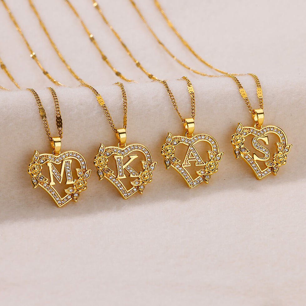 Gold initial necklace with zircon heart and flower pendant – elegant and stylish.