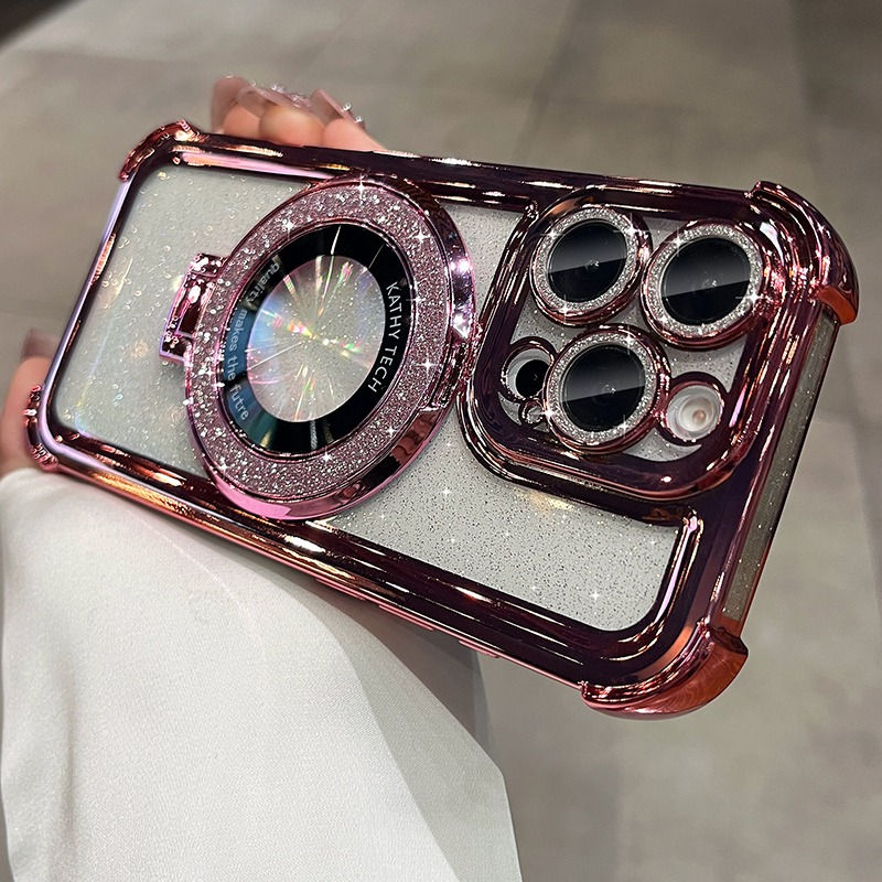Thumbnail: Glitter transparent MagSafe iPhone case with built-in stand and plating edges