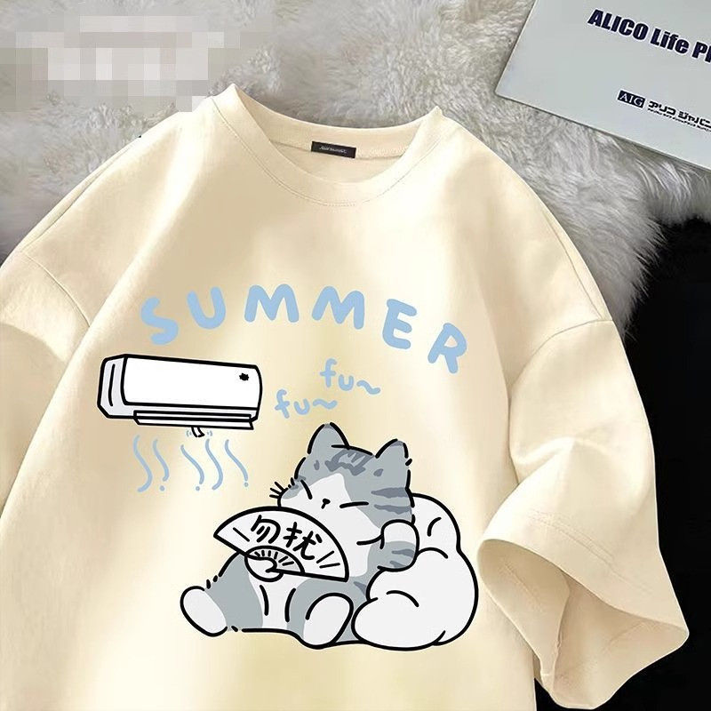 Thumbnail: Women’s oversized cartoon cat summer t-shirt – cute Japanese print casual top in plus sizes