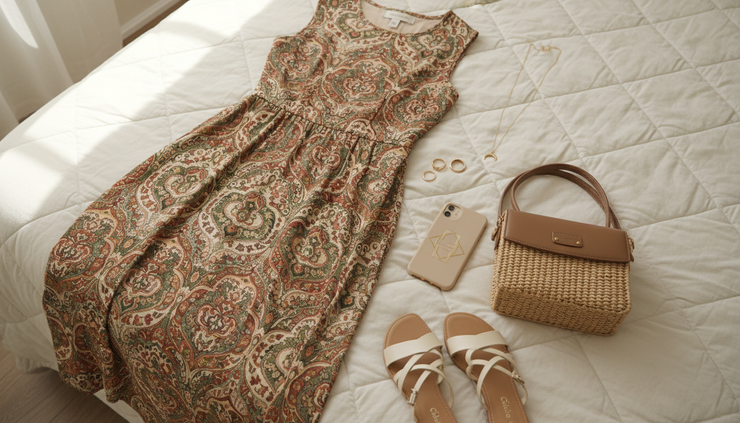 Close-up view of a woman’s outfit with a patterned dress, delicate jewelry, and neutral shoes laid out on a bed.