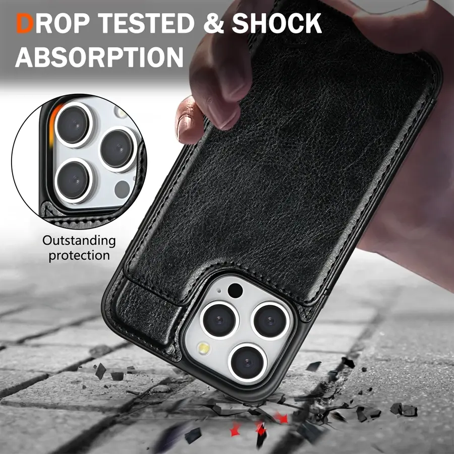 Thumbnail: RFID blocking leather wallet phone case for iPhone 16 15 14 13 12 11 with card holder and kickstand