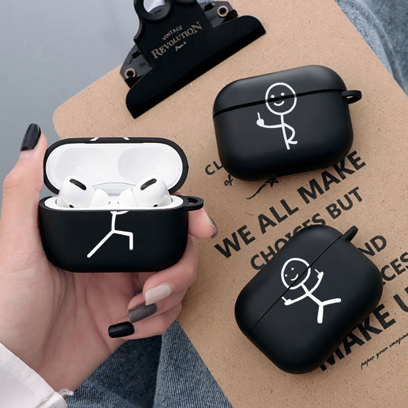 Cute line art AirPods case - black silicone, anti-knock, shockproof, for AirPods 1/2/3/Pro/Pro 2.