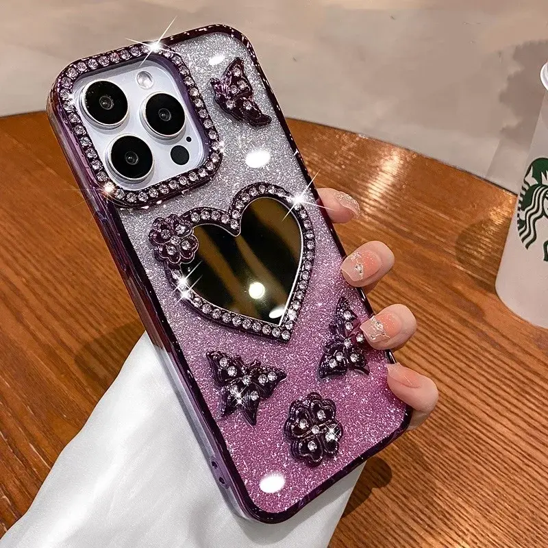 Thumbnail: Heart Makeup Mirror Glitter Diamond Case for iPhone - Soft Silicone, Bling, 3D Butterfly Design, Shockproof