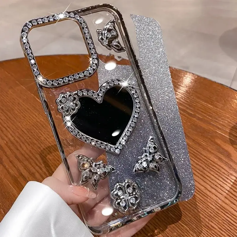 Thumbnail: Heart Makeup Mirror Glitter Diamond Case for iPhone - Soft Silicone, Bling, 3D Butterfly Design, Shockproof