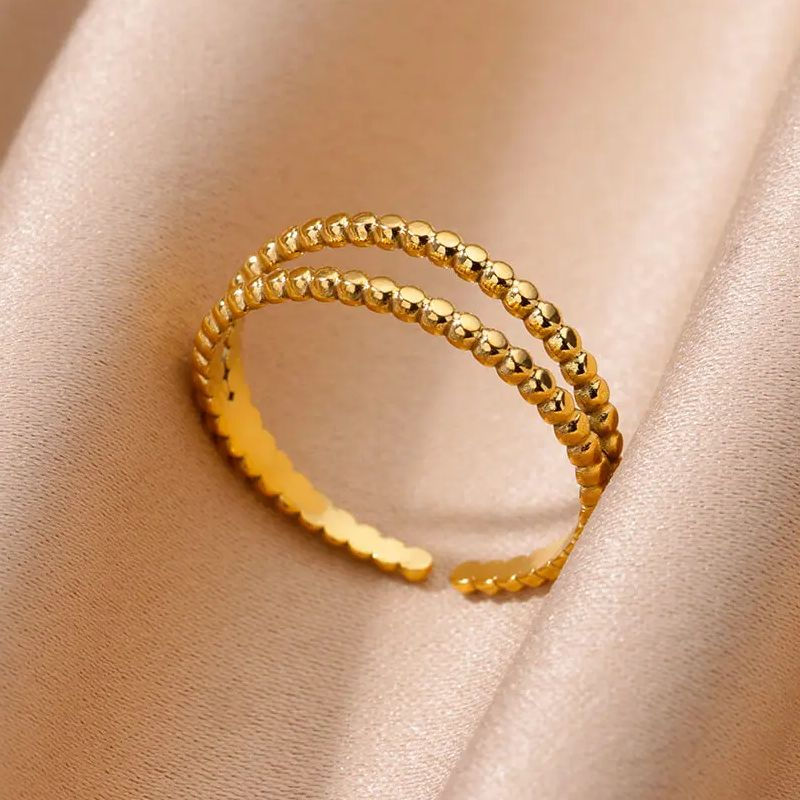 Thumbnail: Gold stainless steel geometric open ring for women with multi-layer design – wedding and fashion jewelry