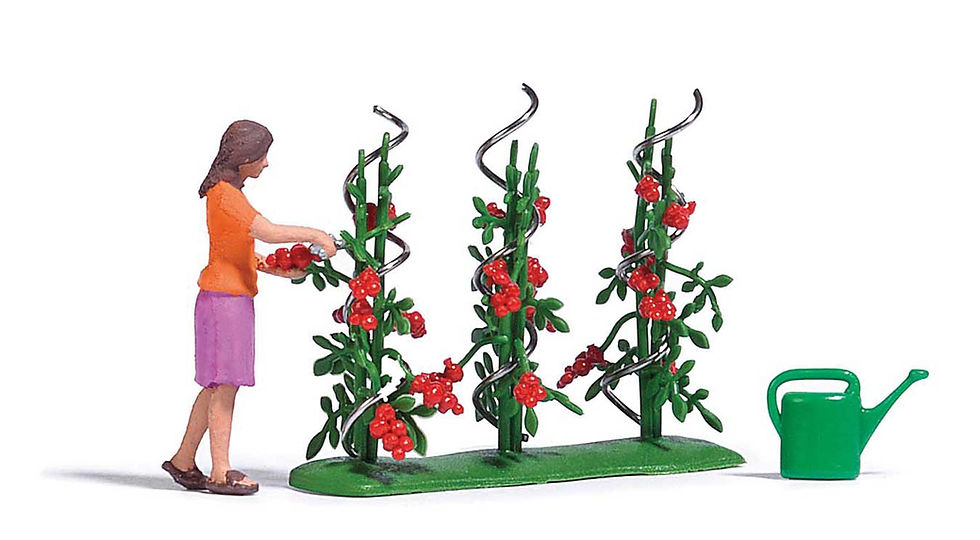 Miniatura: Busch 7876,  Mujer con tres plantas de tomates y regadera - "Action Set"