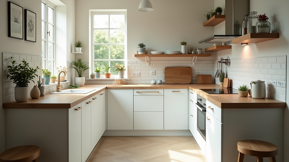 High angle view of a clean and organized kitchen with natural light