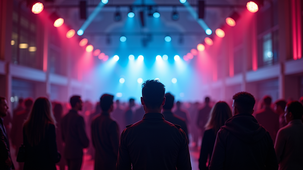 Eye-level view of a vibrant event space filled with engaged attendees