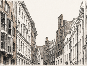 Zeichnung enger Altstadtgasse mit hohen historischen Fassaden, vielen Fenstern und Ziegeldächern.