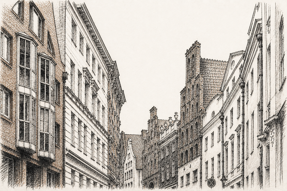 Zeichnung enger Altstadtgasse mit hohen historischen Fassaden, vielen Fenstern und Ziegeldächern.