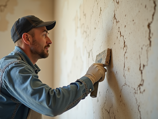 Mann kratzt mit Spachtel alte Farbe von einer rissigen Innenwand; ruhige Renovierungsstimmung.