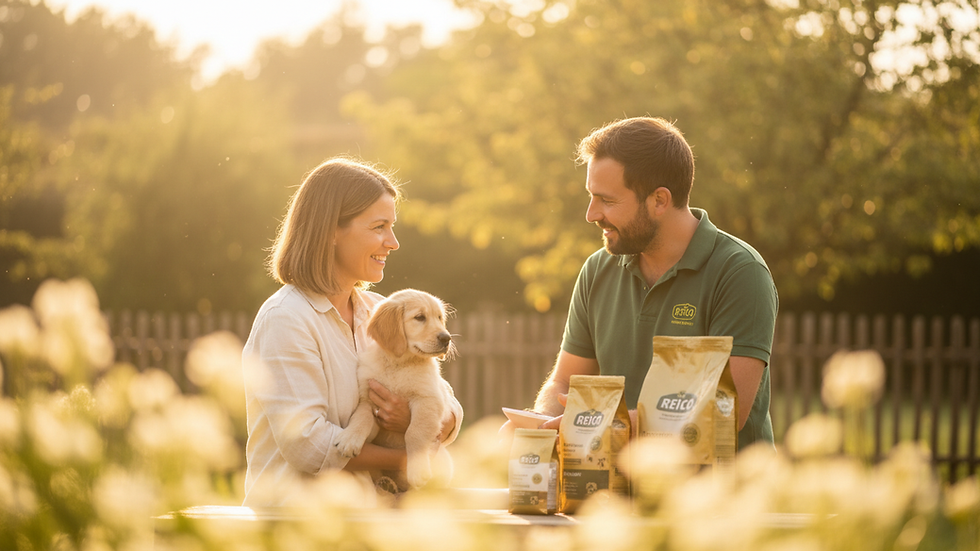 Eye-level view of a pet owner consulting with a Reico distributor