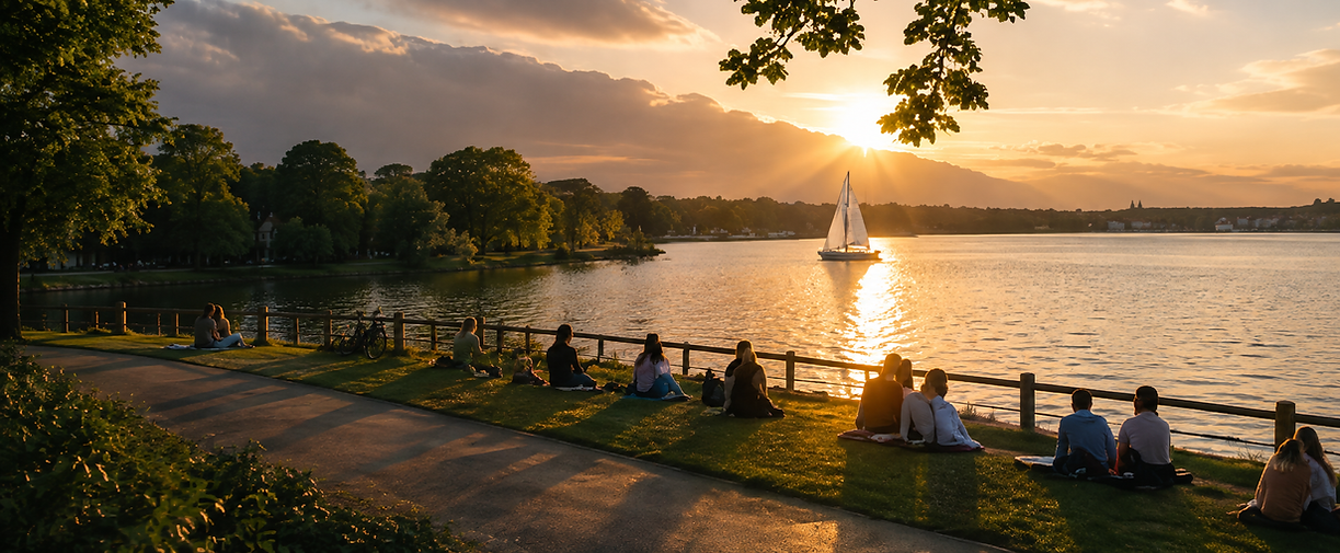 Sonnenuntergang am See mit Segelboot