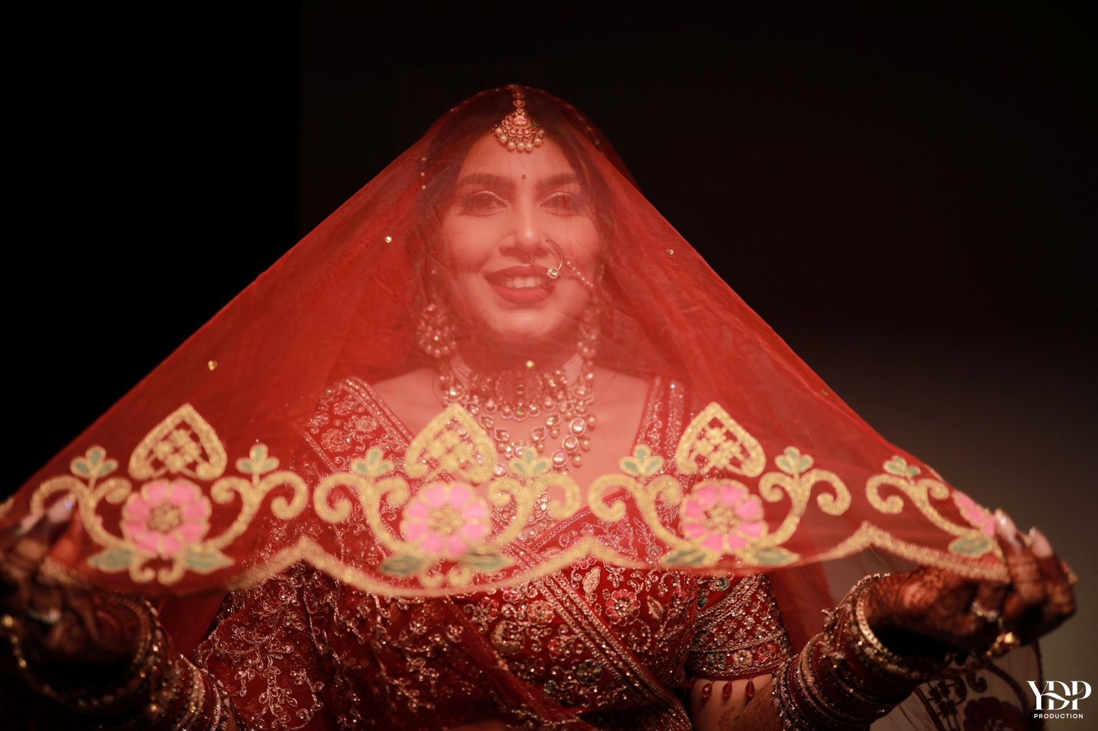 Vanya | Red Bridal Veil with Pink & Red Dori Embroidery
